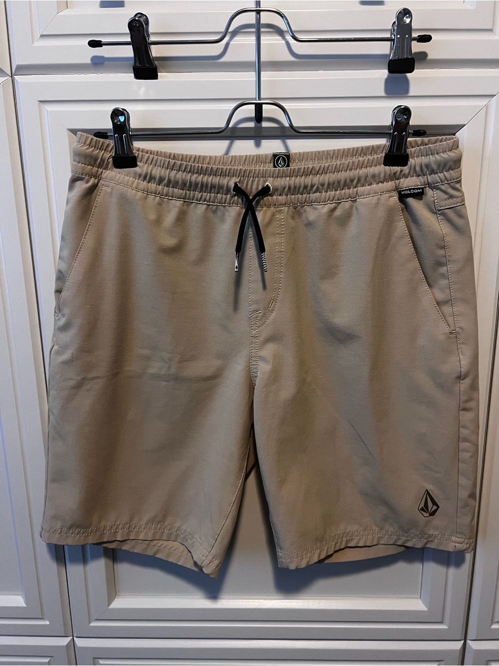 Volcom Beige Elastic Waist Shorts with Black Logo Tag
